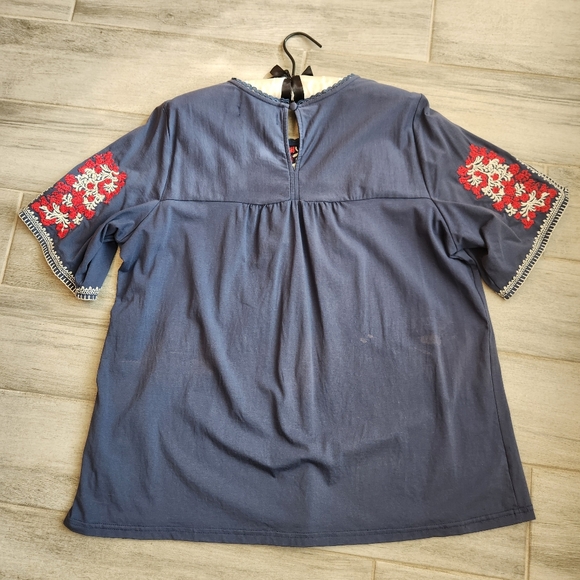 Calessa Top Women's L Navy Blue Cotton Red Embroidered Ethnic Boho 70s Relaxed - Picture 11 of 14